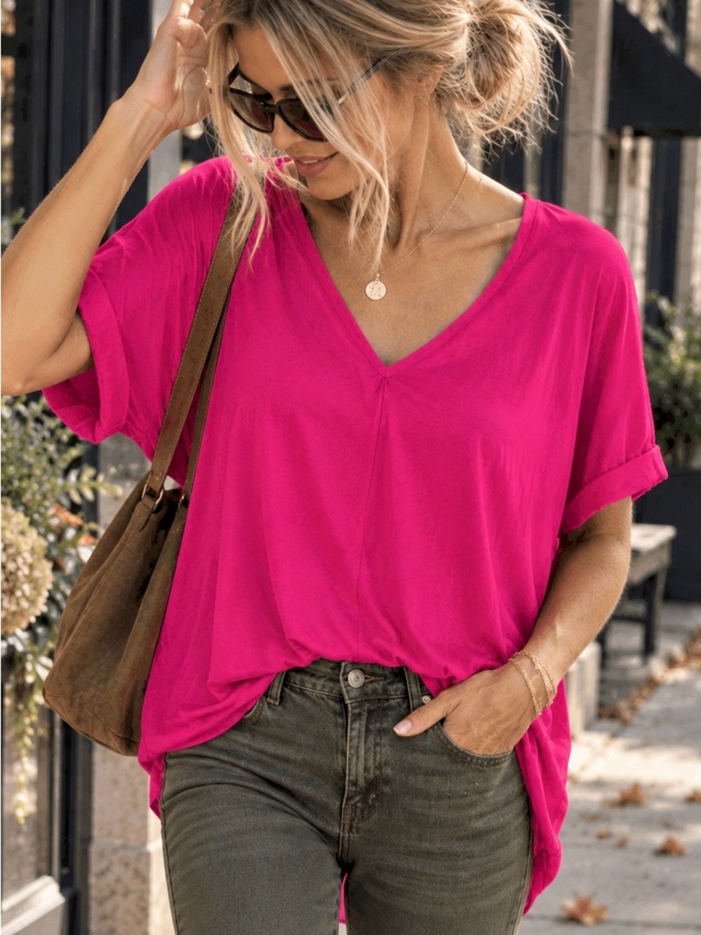 Lush Tunic Top Fuchsia Pink V-Neck Dolman Sleeve Hi Low Small